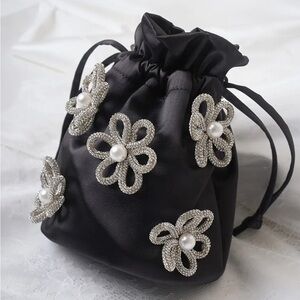 New Azazie Black Rhinestone Flower Embellished Satin Bucket Evening Vintage Bag